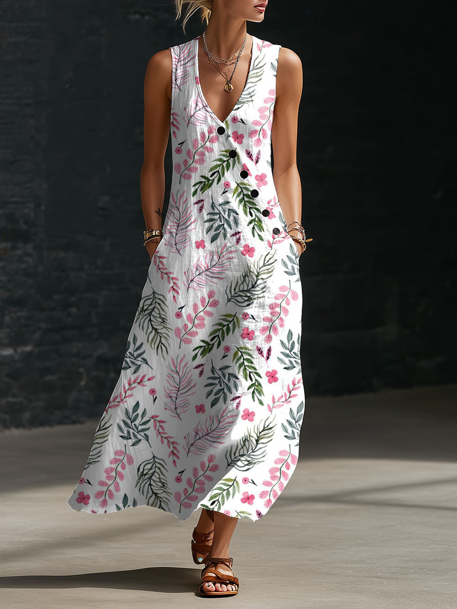 Women's Floral Print Button-down V-neck Casual Dress