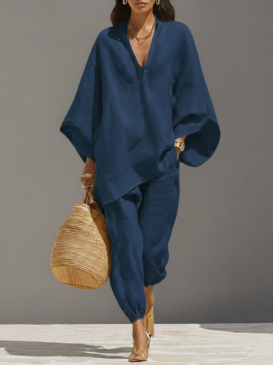 Women's Solid Color V-neck Long Sleeve Casual Loose Flow Top With Elastic Waist And Wide-leg Pants Set