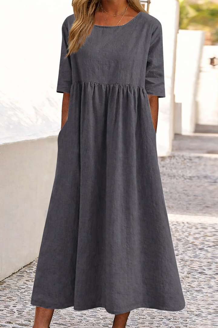 Ease Casual Short Sleeve Pocket Pleated Loose Round Neck Dress
