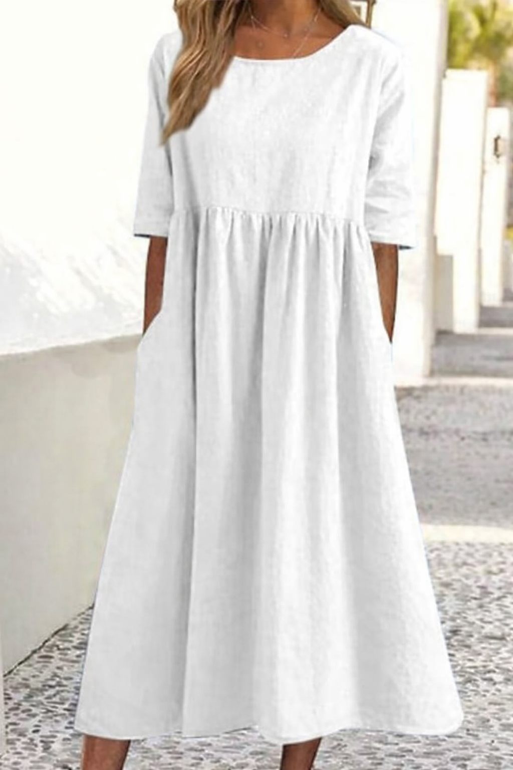 Ease Casual Short Sleeve Pocket Pleated Loose Round Neck Dress