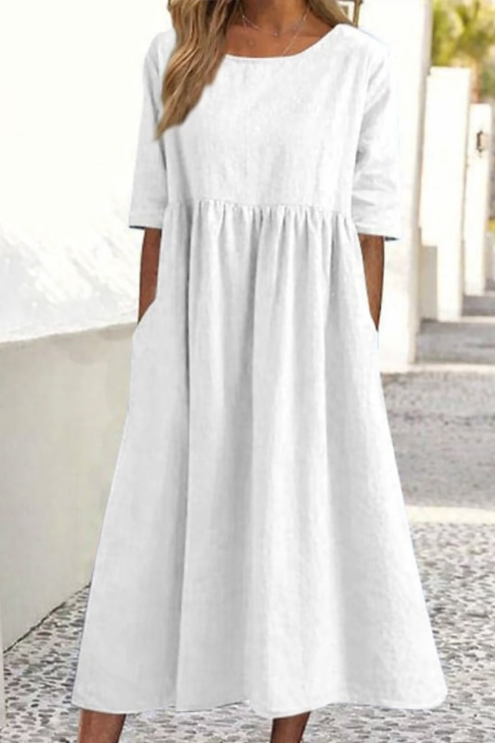 Ease Casual Short Sleeve Pocket Pleated Loose Round Neck Dress