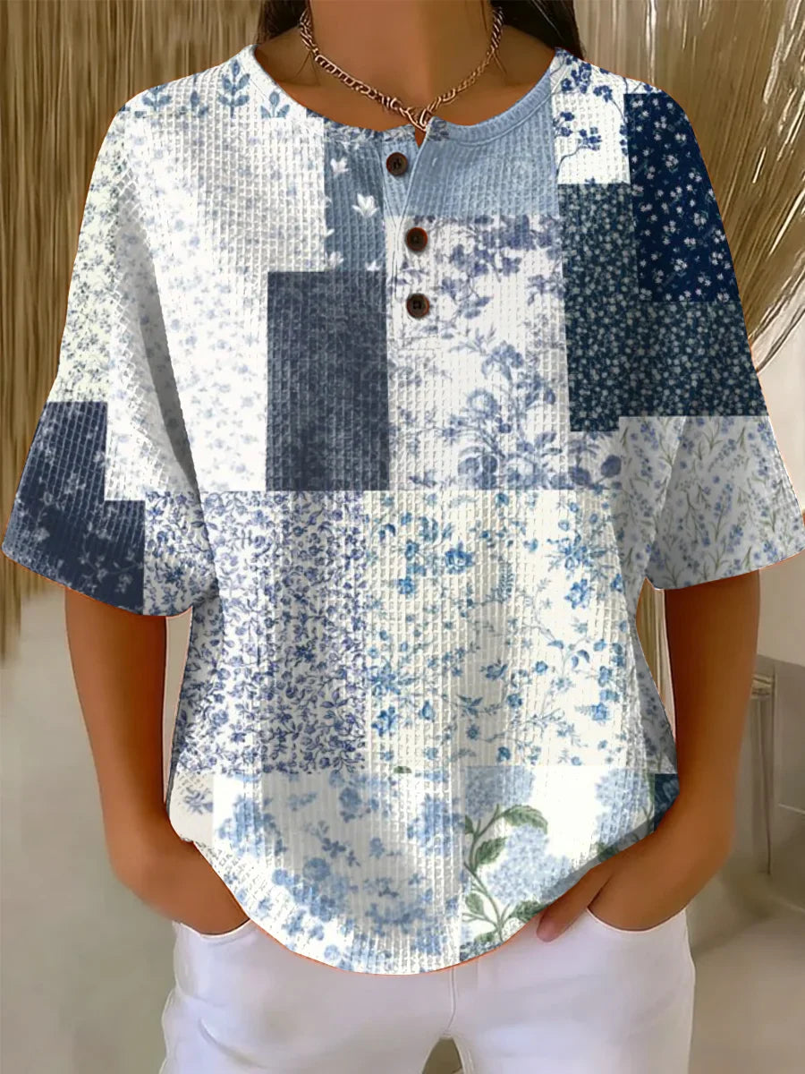 Women's Patchwork Small Floral Art Pattern Print Casual Waffle Shirt