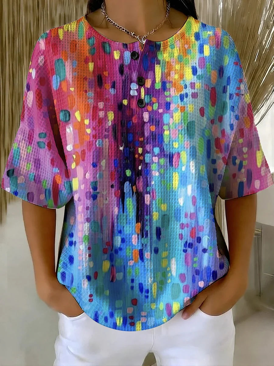 Women's Vintage Art Print Casual Waffle Shirt