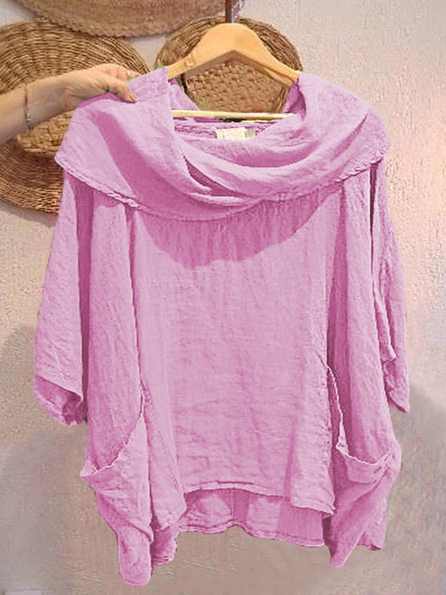 Women's Solid Color Draped Neck 3/4 Sleeve Comfortable Casual Breeze Pocket Top