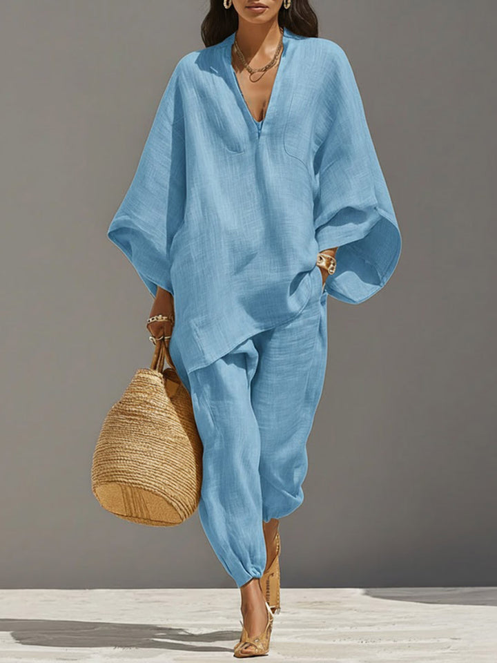 Women's Solid Color V-neck Long Sleeve Casual Loose Flow Top With Elastic Waist And Wide-leg Pants Set