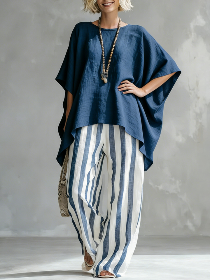 Classic Striped Batwing-sleeve Loose-fit blend Two-piece Set