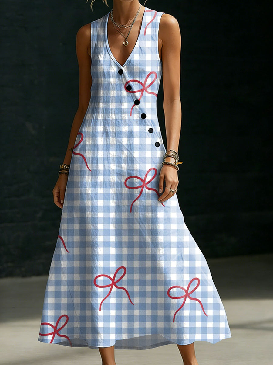 Women's Plaid And Bow Decorative Patterns Casual V Neck Collar No Sleeve Dress