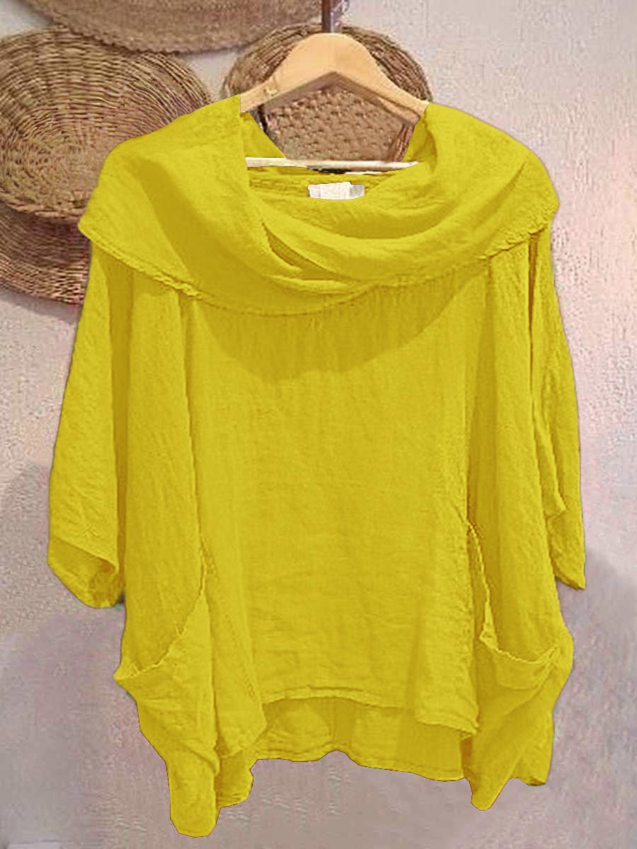 Women's Solid Color Draped Neck 3/4 Sleeve Comfortable Casual Breeze Pocket Top