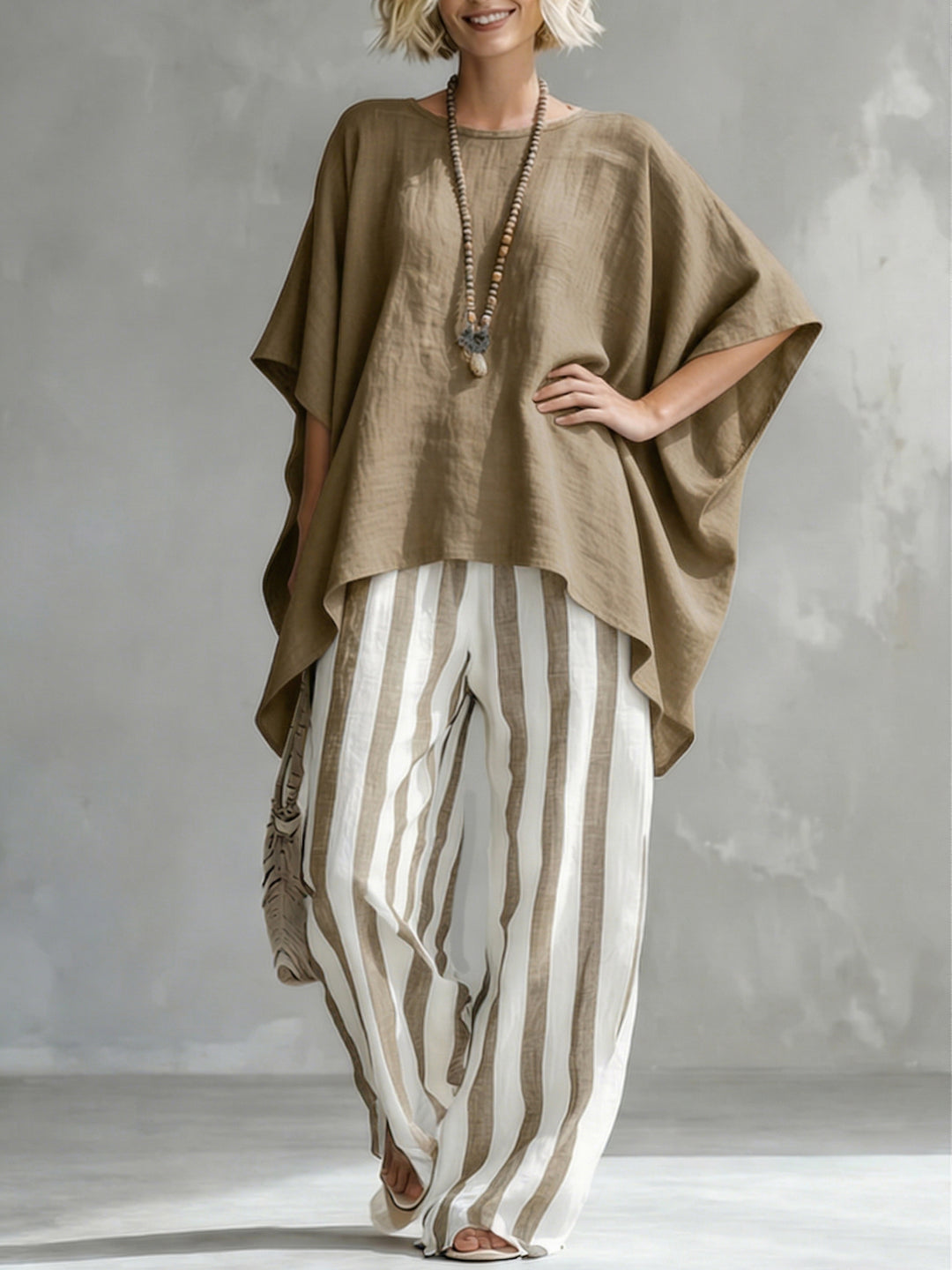 Classic Striped Batwing-sleeve Loose-fit blend Two-piece Set