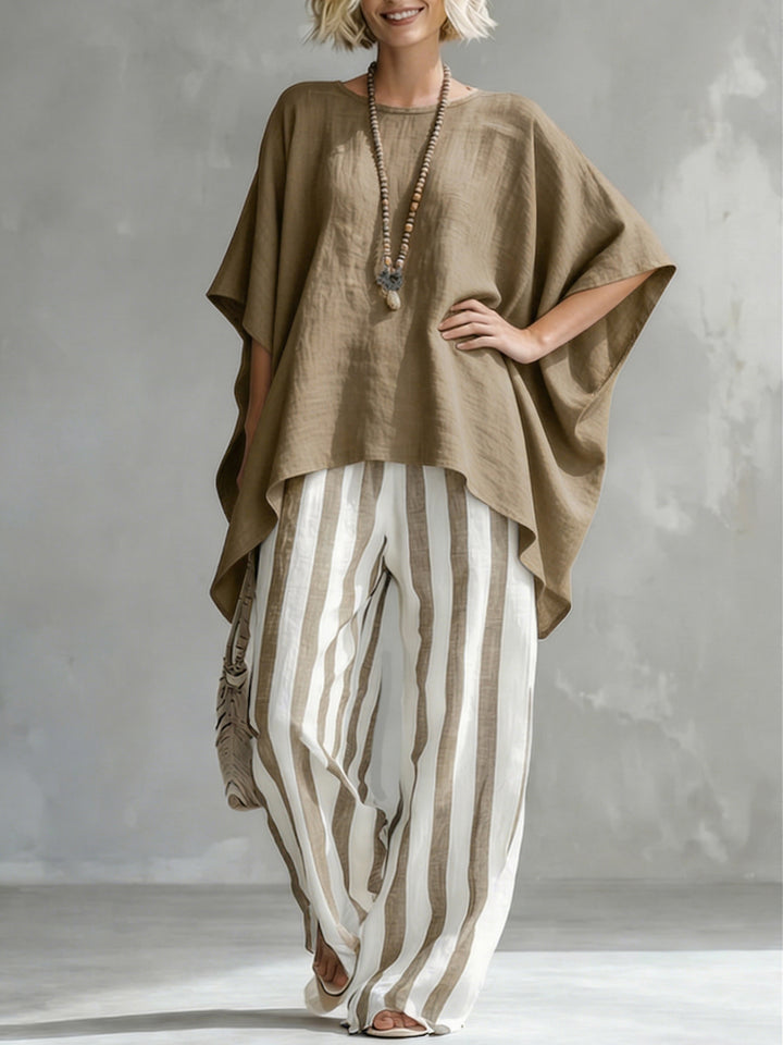 Classic Striped Batwing-sleeve Loose-fit blend Two-piece Set