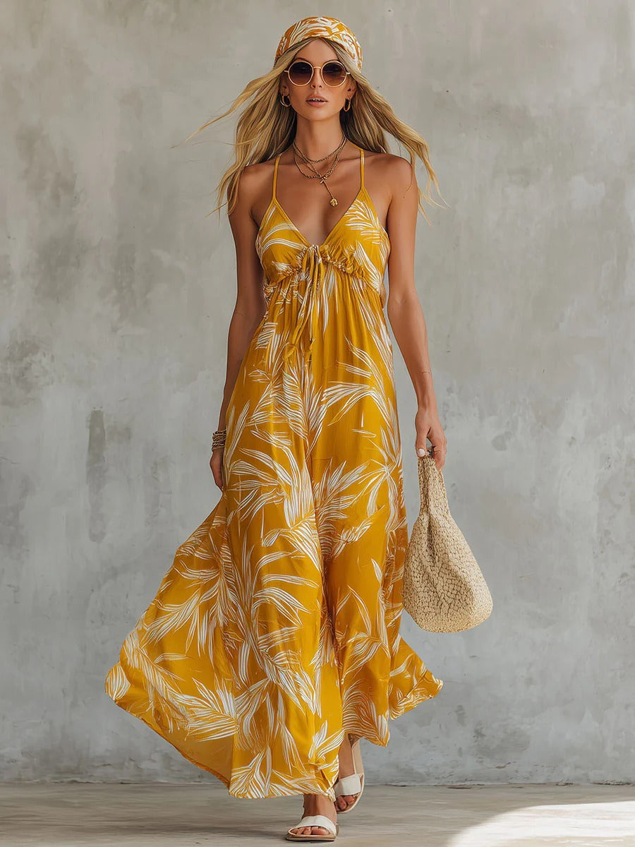 Talvine | Effortless Retro-Print Sleeveless V-Neck Maxi Dress