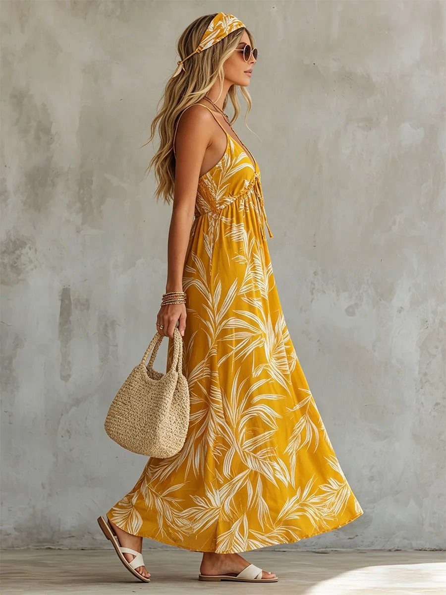 Talvine | Effortless Retro-Print Sleeveless V-Neck Maxi Dress