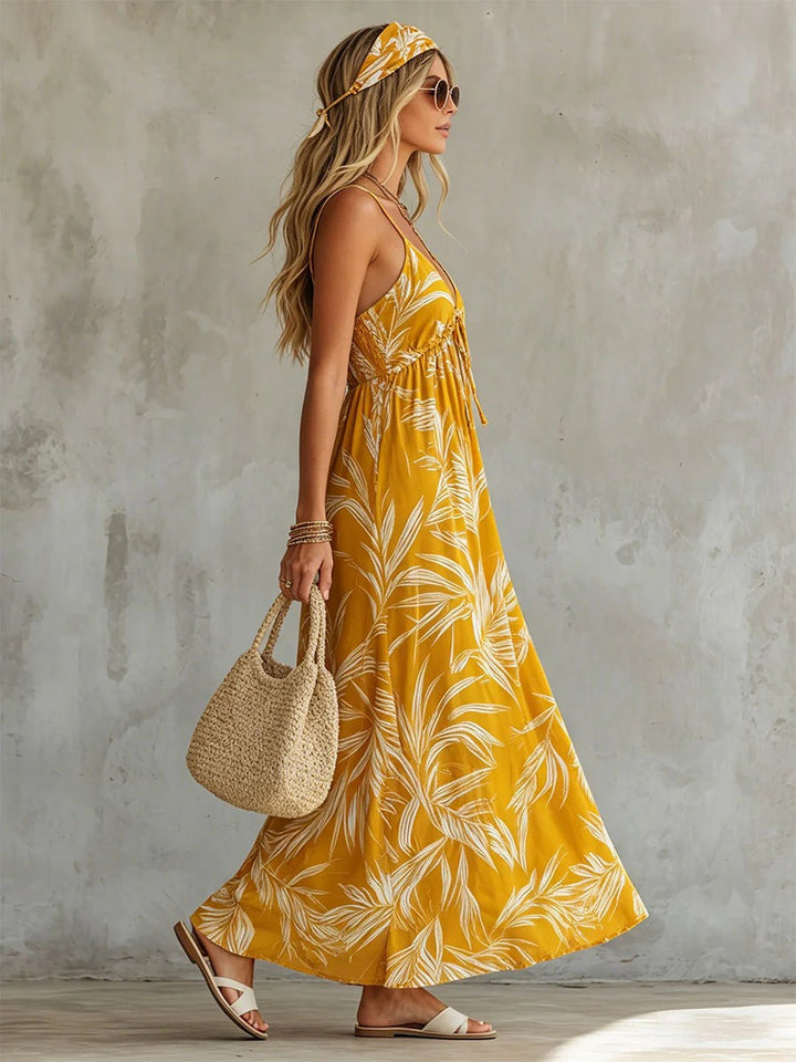 Talvine | Effortless Retro-Print Sleeveless V-Neck Maxi Dress