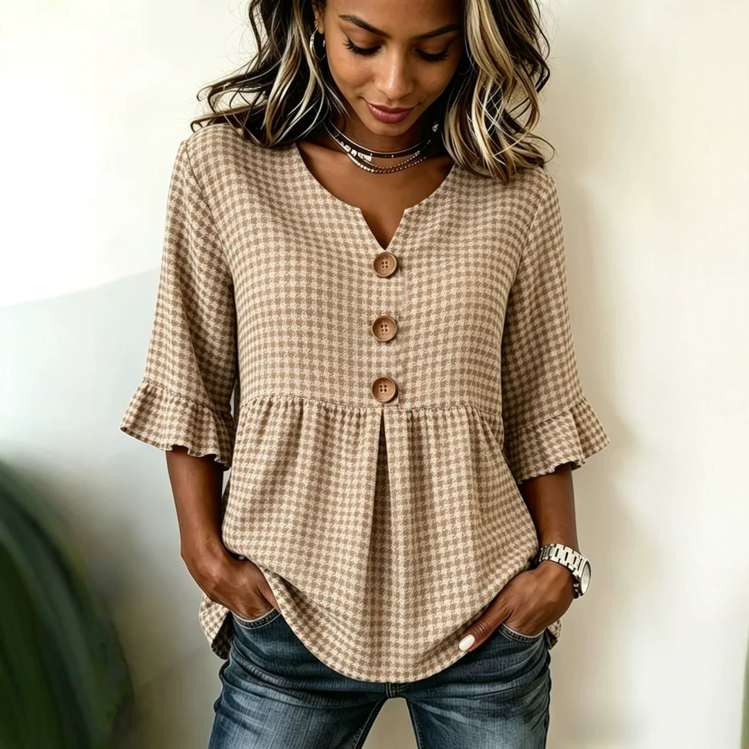 Ryvelle | Easy Plaid V-Neck Blouse