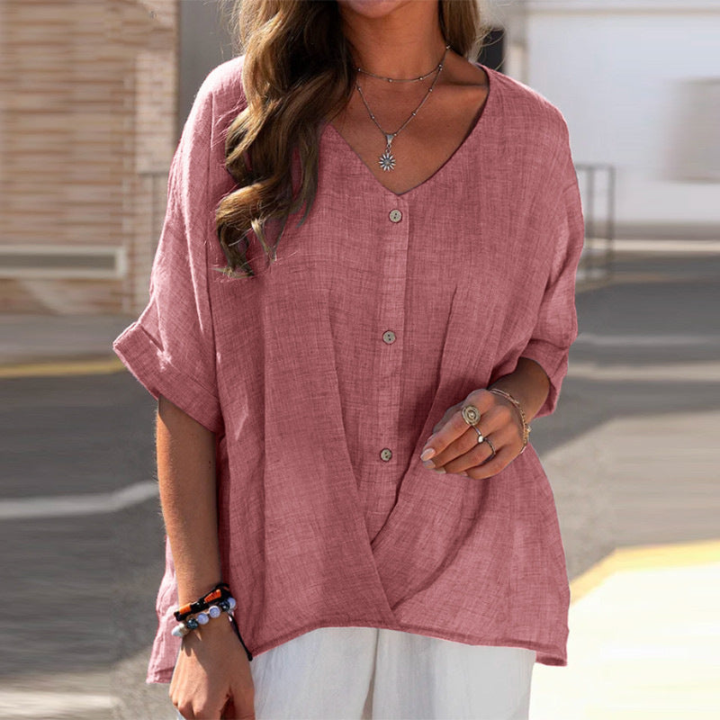 Breezy Drift | Relaxed V-Neck Button Blouse