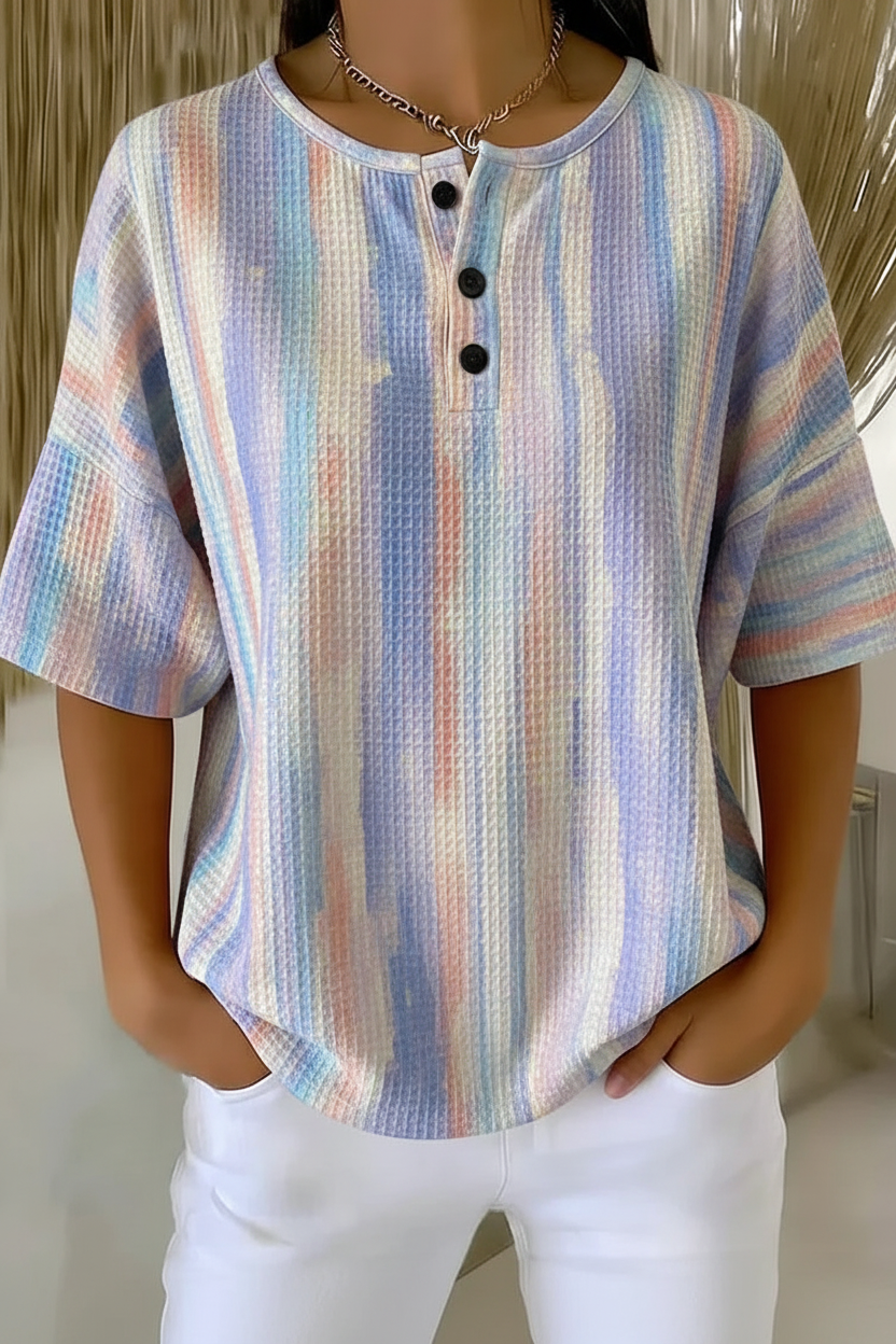 Women's Pastel Tie Dye Stripe Art Pattern Print Casual Waffle Shirt RSHW3301