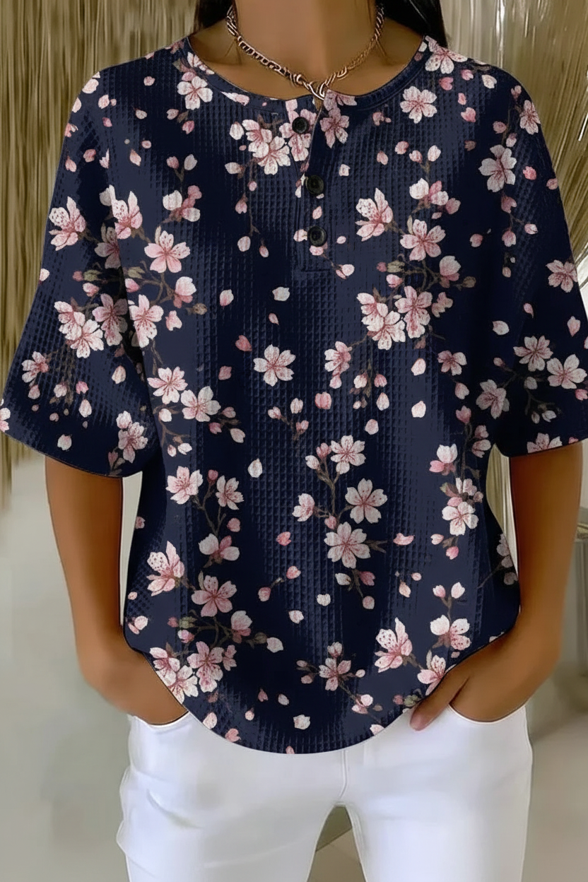 Women's Navy Cherry Blossom Floral Art Pattern Print Casual Waffle Shirt RSHW3302