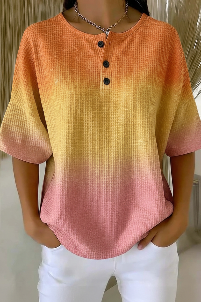 Women's Sunset Gradient Colorblock Art Pattern Print Casual Waffle Shirt RSHW3304
