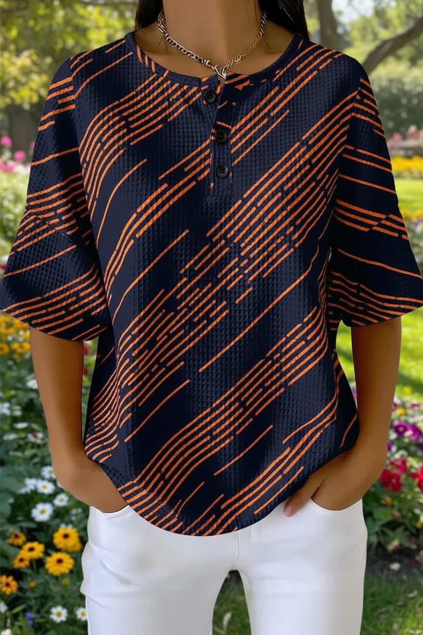 Women's Black Orange Abstract Line Art Pattern Print Casual Waffle Shirt RSHW3305