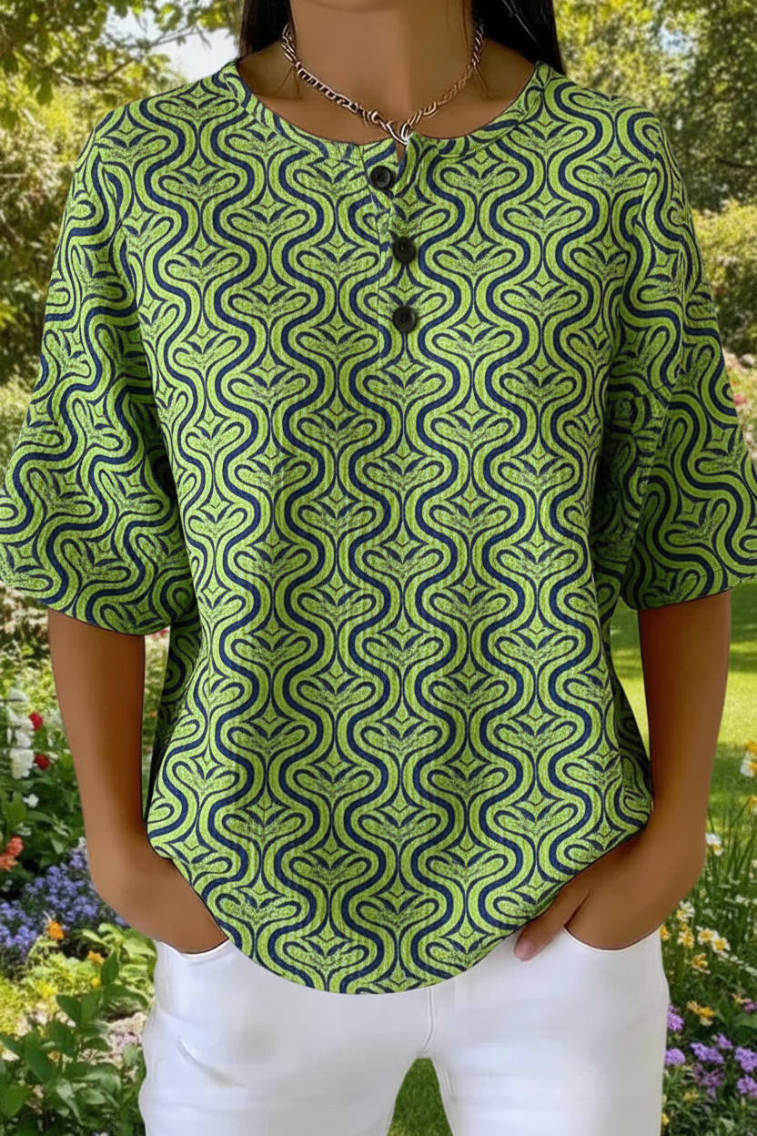 Women's Retro Green Geometric Wave Art Pattern Print Casual Waffle Shirt RSHW3306