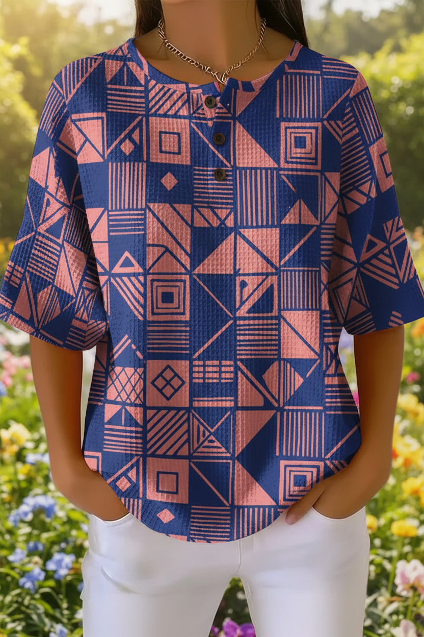 Women's Geometric Art Pattern Print Casual Waffle Shirt RSHW3307