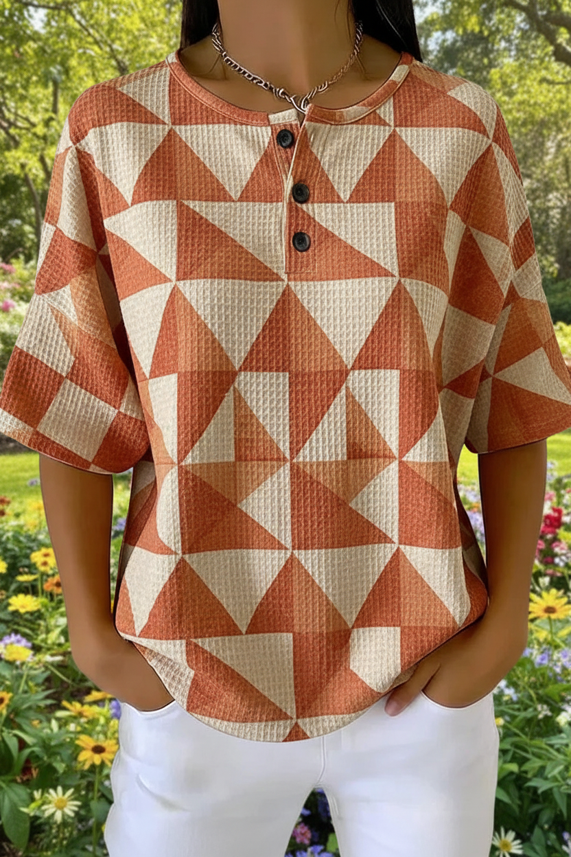 Women's Retro Brown Triangle Art Pattern Print Casual Waffle Shirt RSHW3308
