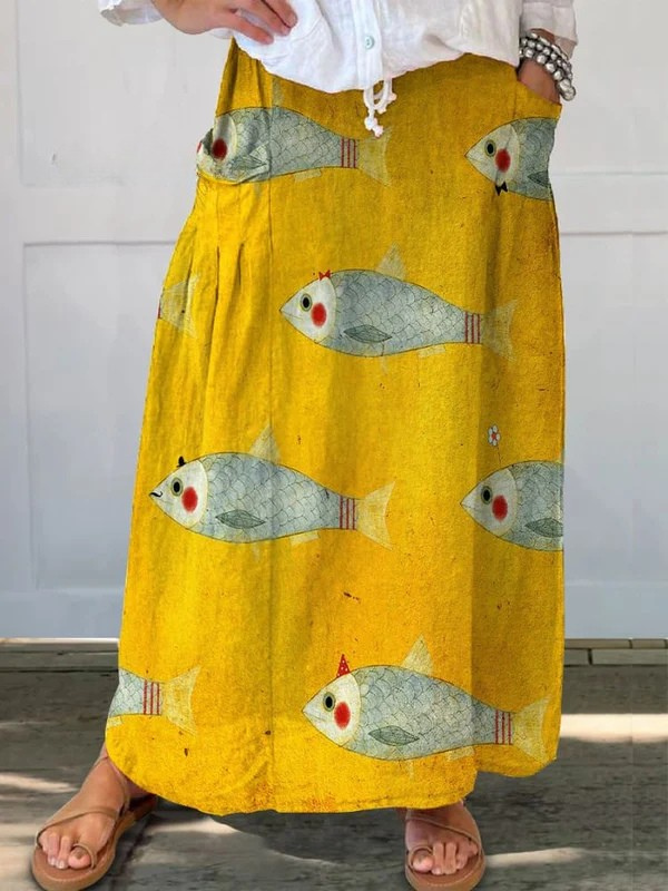 Women's Vintage Fish Art Print Ease Pocket Skirt