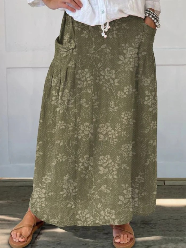 Women's Vintage Floral Drift Elastic waistband Pocket Skirt