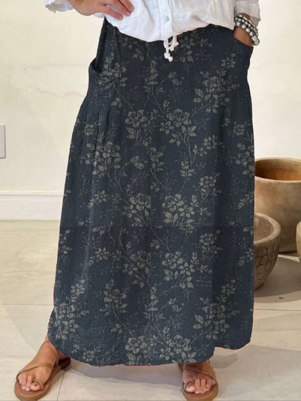 Women's Vintage Floral Drift Elastic waistband Pocket Skirt