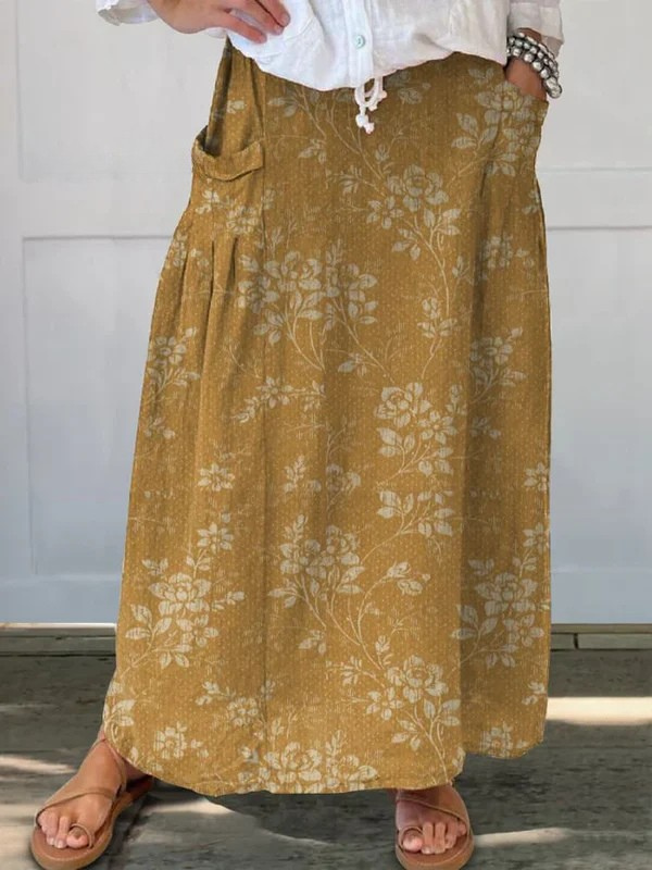 Women's Vintage Floral Drift Elastic waistband Pocket Skirt