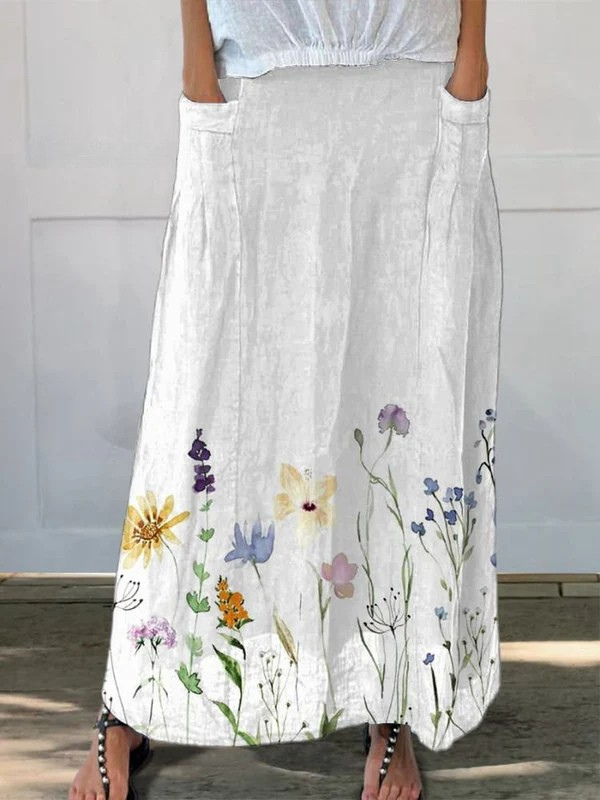 Watercolor Spring Meadows Art Printed Women's Breeze Elastic waistband Pocket Skirt