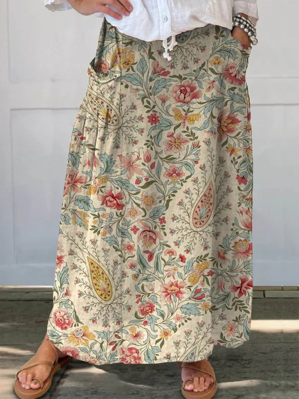 Women's Vintage Floral Art Printed Ease Pocket Skirt