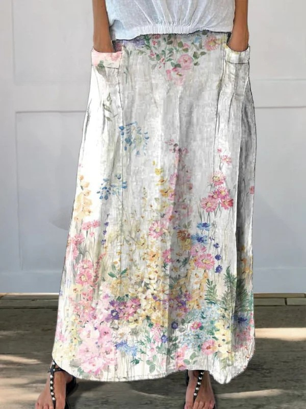 Women's Vintage Botanical Floral Flow Elastic waistband Pocket Skirt