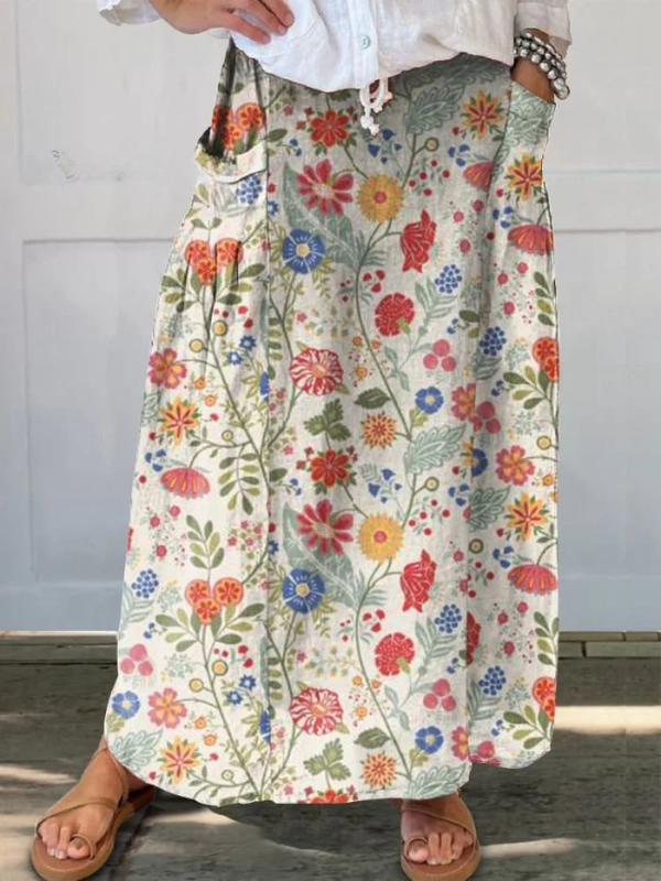 Women's  Floral  Print  Breeze Elastic waistband Pocket Skirt