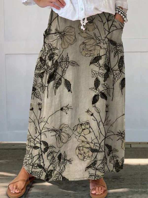 Women's Retro Floral Art Ease Elastic waistband Pocket Skirt