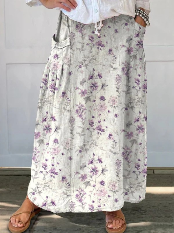 Women's Vintage Floral Art Flow Elastic waistband Pocket Skirt