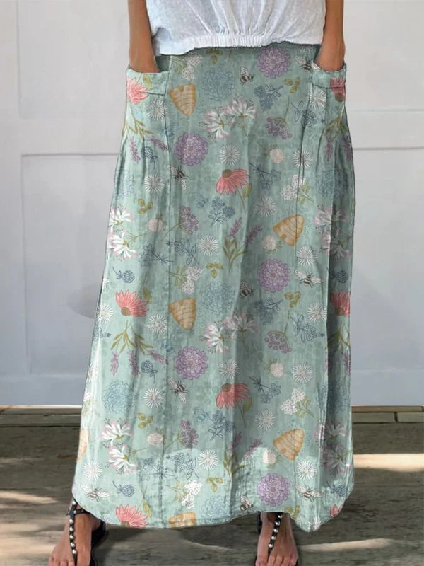Blooming Spring Floral And Bumble Bee Pattern Printed Women's Flow Pocket Skirt