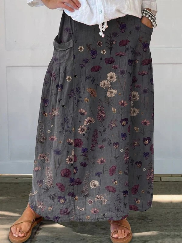 Women's  Flower Art  Print   Flow Pocket Skirt