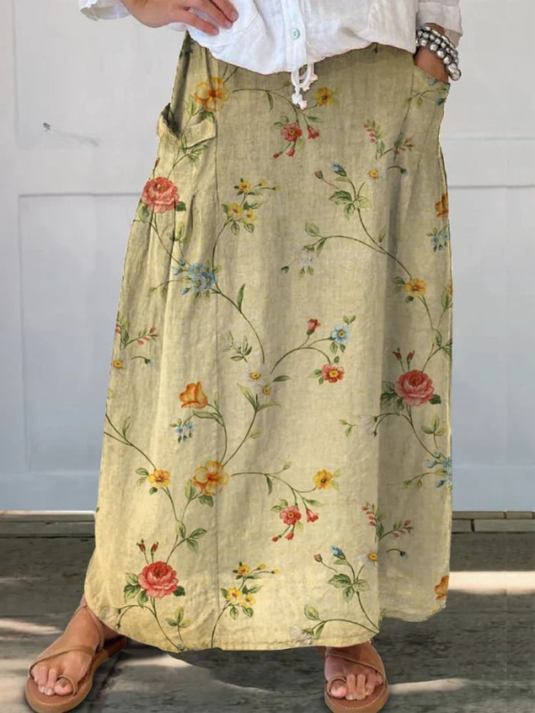 Women's Retro Elegant Floral Art Breeze Elastic waistband Pocket Skirt