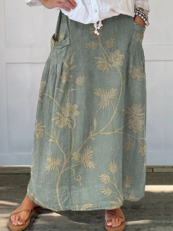 Women's Retro Elegant Floral Art Breeze Elastic waistband Pocket Skirt