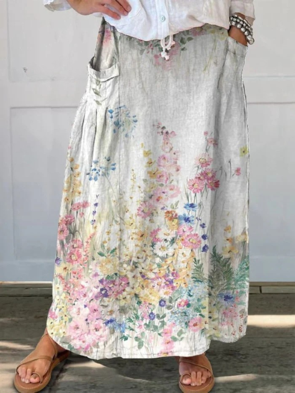 Women's Retro Elegant Floral Art Breeze Elastic waistband Pocket Skirt