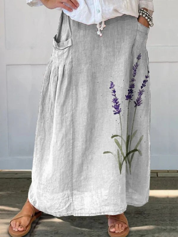 Watercolor Lavender Floral Printed Women's Drift Elastic waistband Pocket Skirt