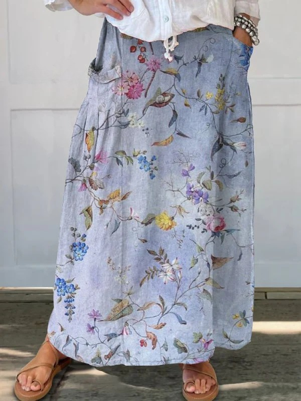 Elegant Vintage Blue Print Women's Flow Pocket Skirt