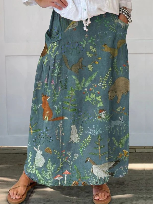 Women's Retro Floral Animals Art Casual Flow Pocket Skirt