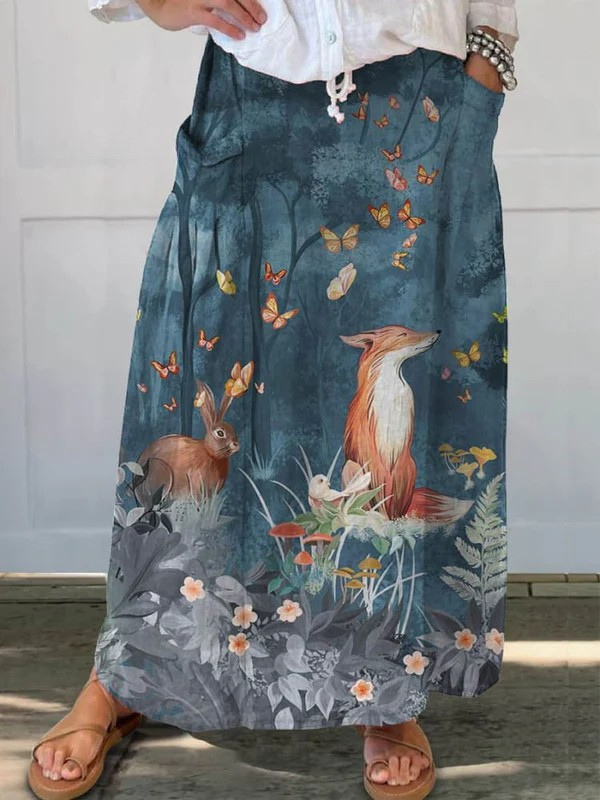 Women's Vintage Floral Animals Art Print Casual Breeze Pocket Skirt