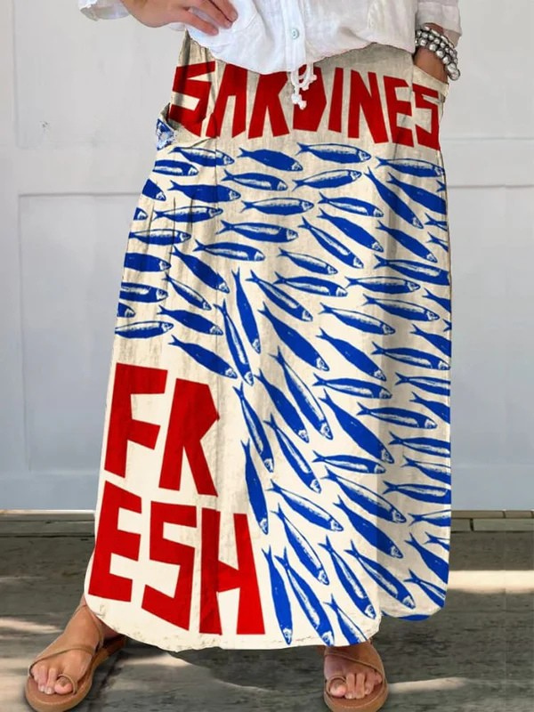 Women's Vintage Fish Sardines Art Print Drift Pocket Skirt