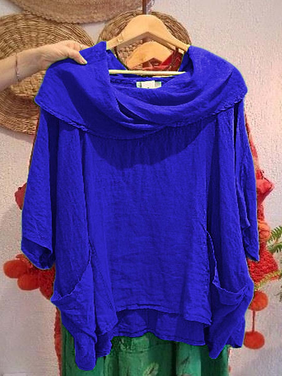 Women's Solid Color Draped Neck 3/4 Sleeve Comfortable Casual Breeze Pocket Top
