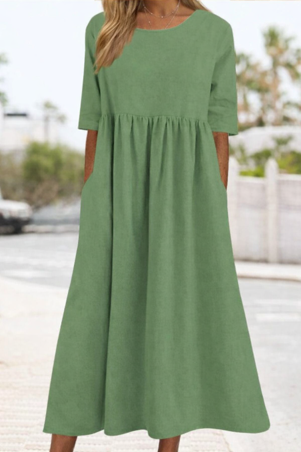 Ease Casual Short Sleeve Pocket Pleated Loose Round Neck Dress