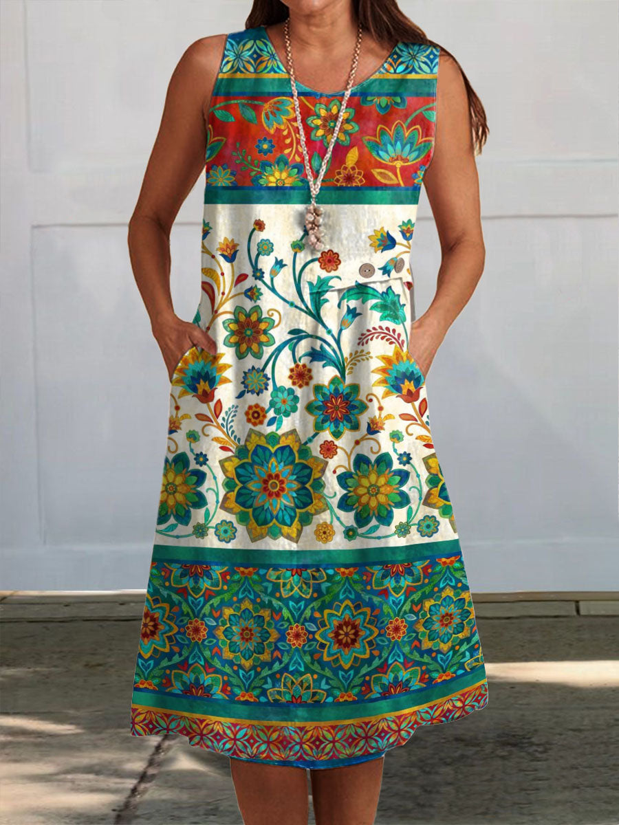 Women's Vintage Floral Art Print Sleeveless Pocket Wrap Dress