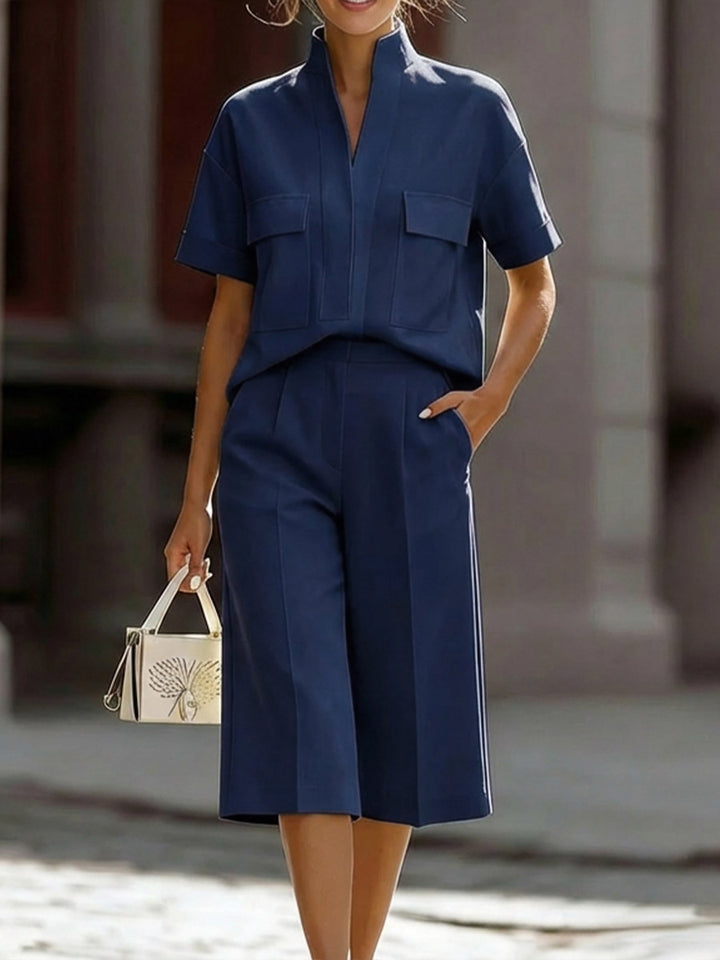 Women's V-neck Short-sleeved Casual Loose Drift Top And High-waisted Casual Loose Wide-leg Pants Drift Set
